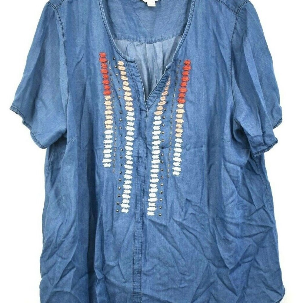 Est.1946 Womens Denim Blue V Neck Embroidered XXL